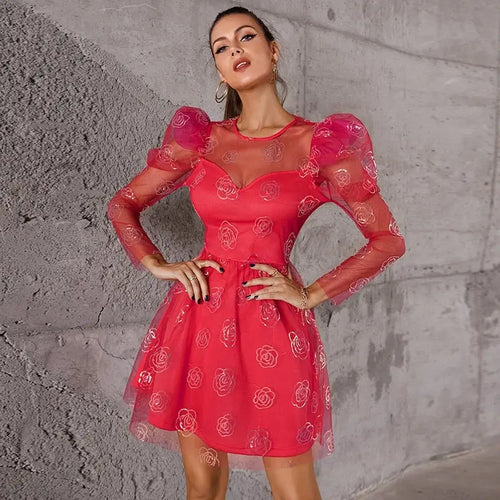 Double Crazy Contrast Mesh Gigot Sleeve Floral Sequins