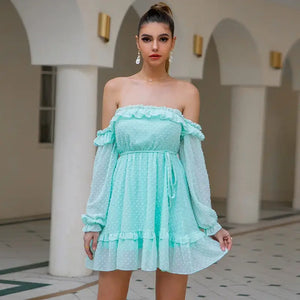 Double Crazy Lantern Sleeve Frill Trim Skater Dress - dress