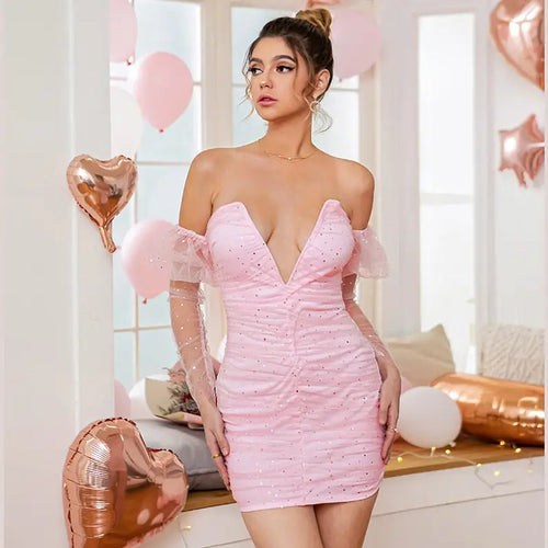 Double Crazy Mesh Puff Sleeve Off Shoulder Rhinestone Dress