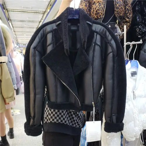 Double Faced Faux Fur Thick PU Leather Jacket