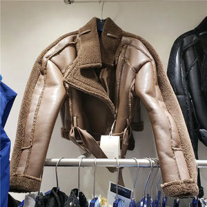 Double Faced Faux Fur Thick PU Leather Jacket