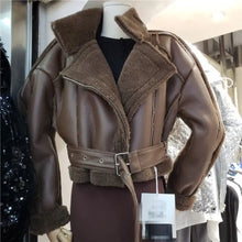 Load image into Gallery viewer, Double Faced Faux Fur Thick PU Leather Jacket - coffee