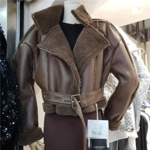 Double Faced Faux Fur Thick PU Leather Jacket - coffee