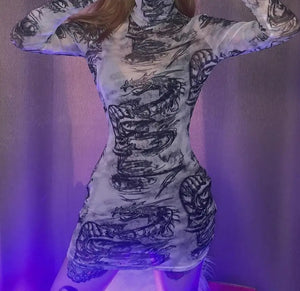 Dragon Print Mesh Turtleneck Bodycon Dress - dress