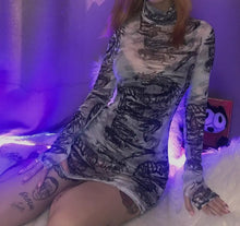Load image into Gallery viewer, Dragon Print Mesh Turtleneck Bodycon Dress - dress