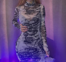 Load image into Gallery viewer, Dragon Print Mesh Turtleneck Bodycon Dress - dress