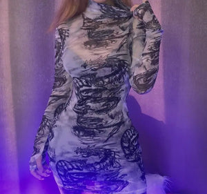 Dragon Print Mesh Turtleneck Bodycon Dress - dress