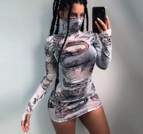 Dragon Print Mesh Turtleneck Bodycon Dress - dress