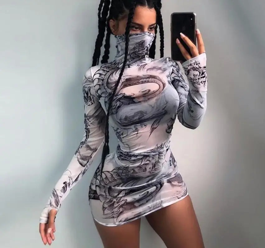 Dragon Print Mesh Turtleneck Bodycon Dress - dress