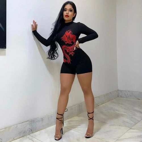 Dragon Print Skinny Long Sleeve Backless Romper - romper