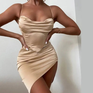 Draped Sleeveless Elegant Ruched Mini Dress - champagne / L