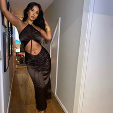 Load image into Gallery viewer, Drawstring Hallow Out Ruched Maxi Dress - coffee / M - dress
