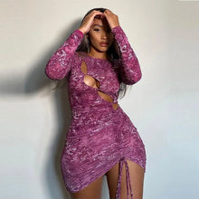 Load image into Gallery viewer, Drawstring Ruched Cut Out Tie Dye Print Mini Dress - dress