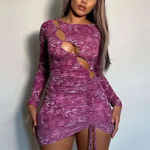 Drawstring Ruched Cut Out Tie Dye Print Mini Dress - dress