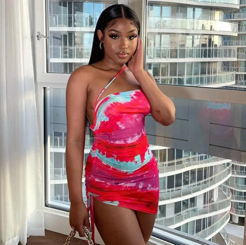 Drawstring Tie-Dye One Shoulder Mini Dress - dress