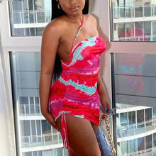 Load image into Gallery viewer, Drawstring Tie-Dye One Shoulder Mini Dress - dress