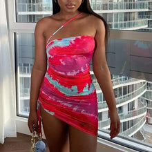 Load image into Gallery viewer, Drawstring Tie-Dye One Shoulder Mini Dress - dress