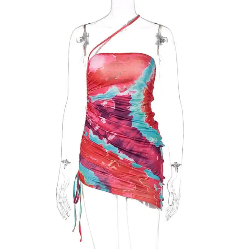 Drawstring Tie-Dye One Shoulder Mini Dress - S / Red - dress