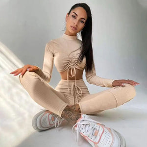 Drawstring Top and Pants Leggings Tracksuit Loungewear Set