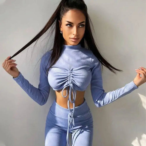 Drawstring Top and Pants Leggings Tracksuit Loungewear Set