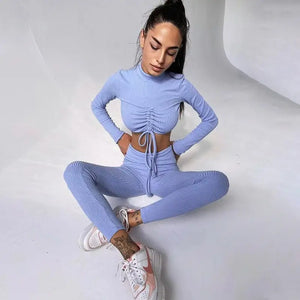 Drawstring Top and Pants Leggings Tracksuit Loungewear Set