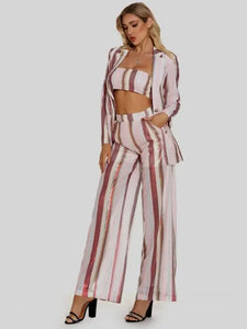 Elegant Blazer Striped Casual Wide Leg 3 Piece Suit Set