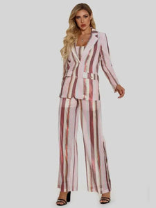 Elegant Blazer Striped Casual Wide Leg 3 Piece Suit Set