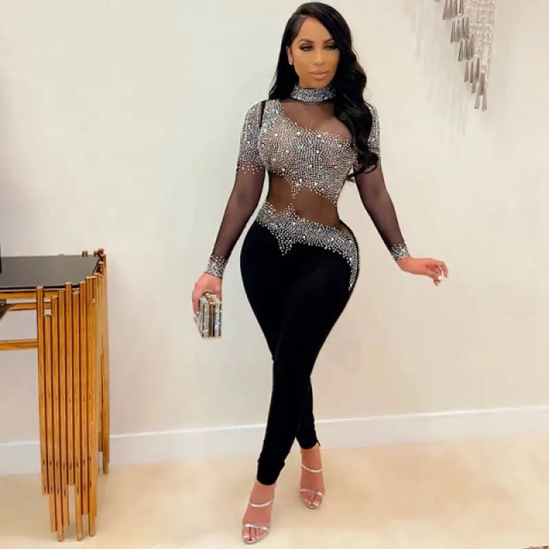 Elegant Bodycon Sheer See Through Mesh Jumpsuit - L / black