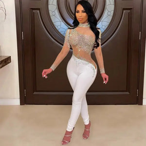 Elegant Bodycon Sheer See Through Mesh Jumpsuit - L / white