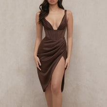 Load image into Gallery viewer, Elegant Draped Satin Corset Midi Dress - brown / M