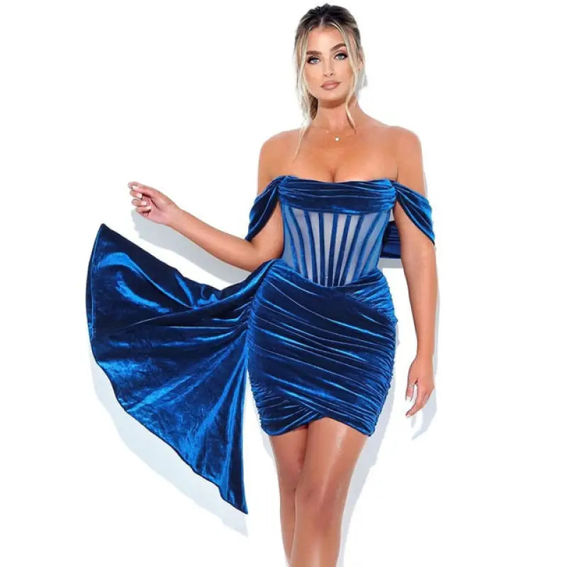 Elegant Draping Off Shoulder Dress with gloves - S / Blue