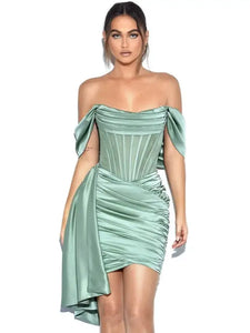 Elegant Draping Off Shoulder Dress with gloves - XL / Green