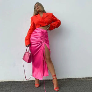 Elegant Fashion Side Slit Drawstring Ruched Midi Skirt