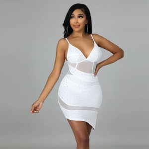 Elegant Mesh Sparkly Patchwork Bodycon Dress - white / XXL