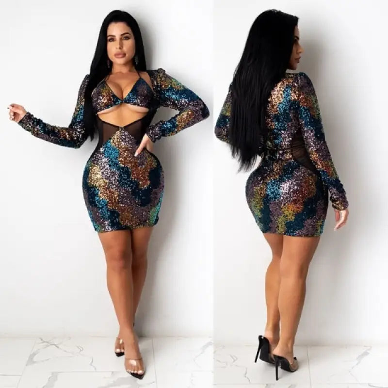 Elegant Party Night Club Bodycon Dress - Blue / S