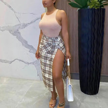 Load image into Gallery viewer, Elegant Plaid High Waist Irregular Buttons Skirt - apricot