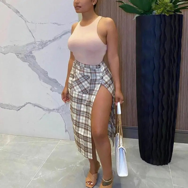 Elegant Plaid High Waist Irregular Buttons Skirt - apricot