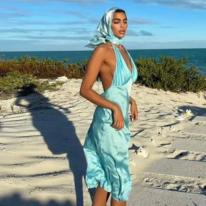 Elegant Plunge Halter Sexy Backless Midi Dress - blue / XS