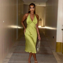 Load image into Gallery viewer, Elegant Plunge Halter Sexy Backless Midi Dress - green / XS