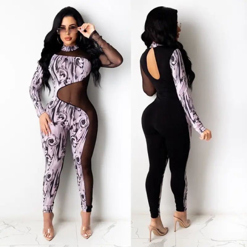 Elegant Print Sheer Mesh Black Jumpsuit - black / S