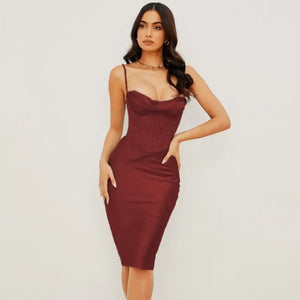 Elegant Satin Corset Midi Dress - dark red / XS