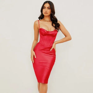 Elegant Satin Corset Midi Dress - red / XS