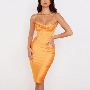 Elegant Satin Corset Midi Dress - saffron / XS