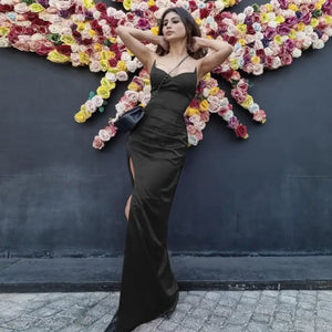 Elegant Satin Slip Midi Dress - black / L