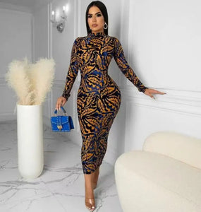 Elegant Sexy Printed Skinny Women Midi Dress - Light Brown