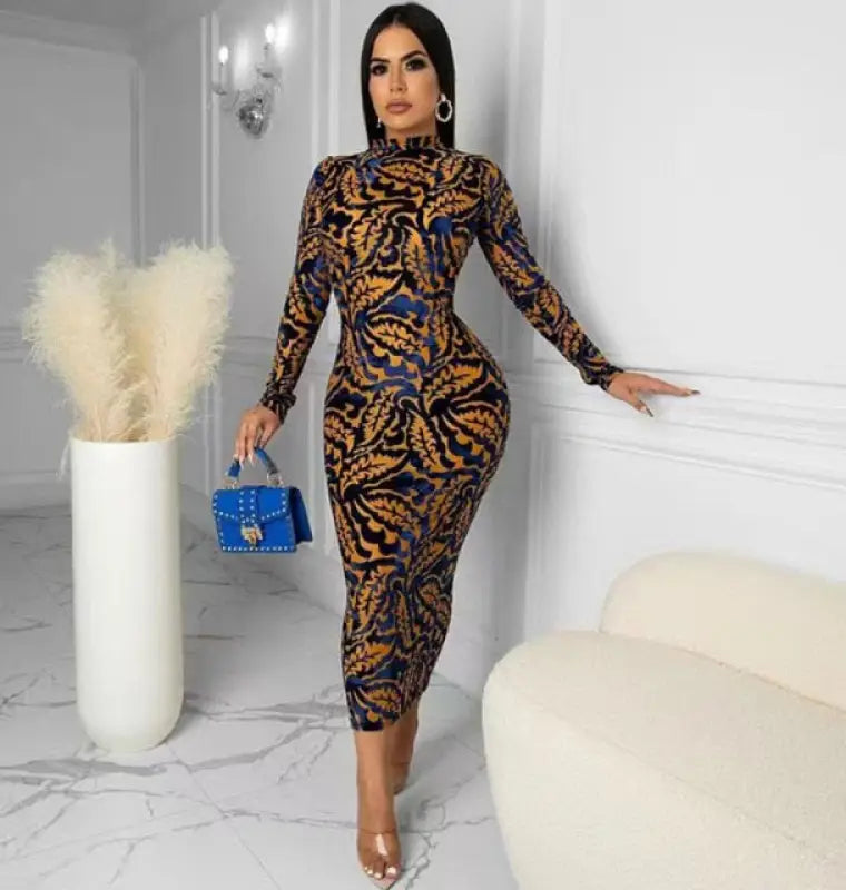 Elegant Sexy Printed Skinny Women Midi Dress - Light Brown