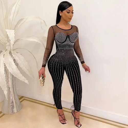Elegant Sparkly Overalls See Through Sheer Mesh Jumpsuit