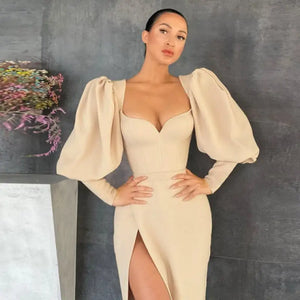 Elegant Square Collar Puff Sleeve Maxi Dress - apricot / S