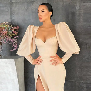 Elegant Square Collar Puff Sleeve Maxi Dress - dress