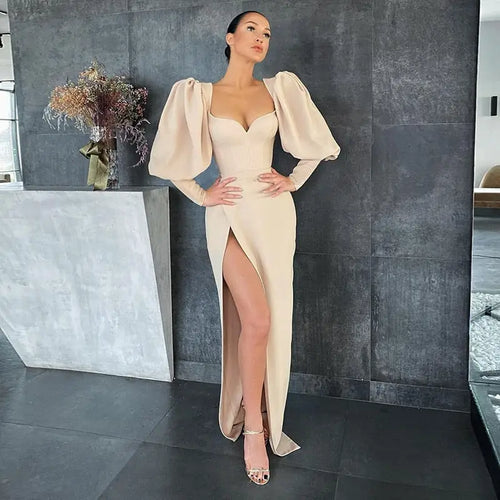 Elegant Square Collar Puff Sleeve Maxi Dress - dress